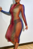 Green Fashion Sexy Striped Print See-through Turtleneck Long Sleeve Dresses