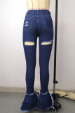 Dark Blue Fashion Casual Solid Ripped High Waist Boot Cut Denim Jeans