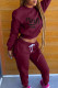 Burgundy Fashion Casual Letter Print Basic O Neck Long Sleeve Two Pieces