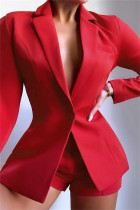 Red Fashion Casual Solid Basic Turndown Collar Long Sleeve Two Pieces