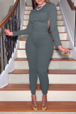 Grey Sexy Solid Backless O Neck Long Sleeve Two Pieces