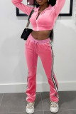Pink Fashion Casual Striped Patchwork Zipper Collar Long Sleeve Two Pieces
