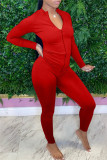 Red Fashion Casual Solid Basic Zipper Collar Long Sleeve Two Pieces