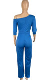 Blue Casual Solid Patchwork Oblique Collar Straight Jumpsuits