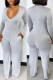 Grey Fashion Casual Solid Basic V Neck Regular Jumpsuits