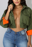Army Green Casual Solid O Neck Outerwear