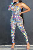 Purple Fashion Sexy Print Hollowed Out Backless O Neck Skinny Jumpsuits
