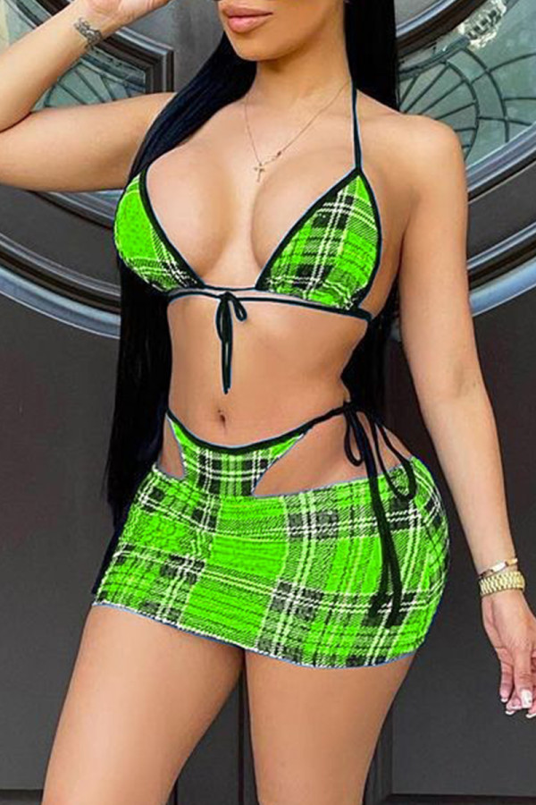 Green Fashion Sexy Plaid Print Backless Strap Design Swimwears Three-piece Set