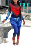 Red Sexy Print Patchwork O Neck Long Sleeve Two Pieces