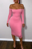 Pink Fashion Casual Solid Backless Off the Shoulder Long Sleeve Dresses