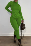 Green Casual Solid Split Joint Turtleneck Long Sleeve Two Pieces