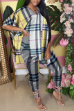 Yellow Fashion Casual Plaid Print Slit Turndown Collar Half Sleeve Two Pieces