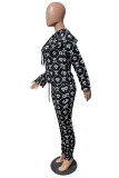 Black Fashion Casual Print Basic V Neck Long Sleeve Two Pieces