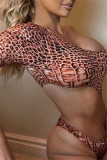 Brown Fashion Sexy Print Hollowed Out Backless Oblique Collar Skinny Romper