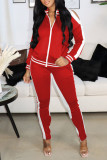 Rose Red Casual Sportswear Solid Hollowed Out Patchwork Zipper Zipper Collar Long Sleeve Two Pieces