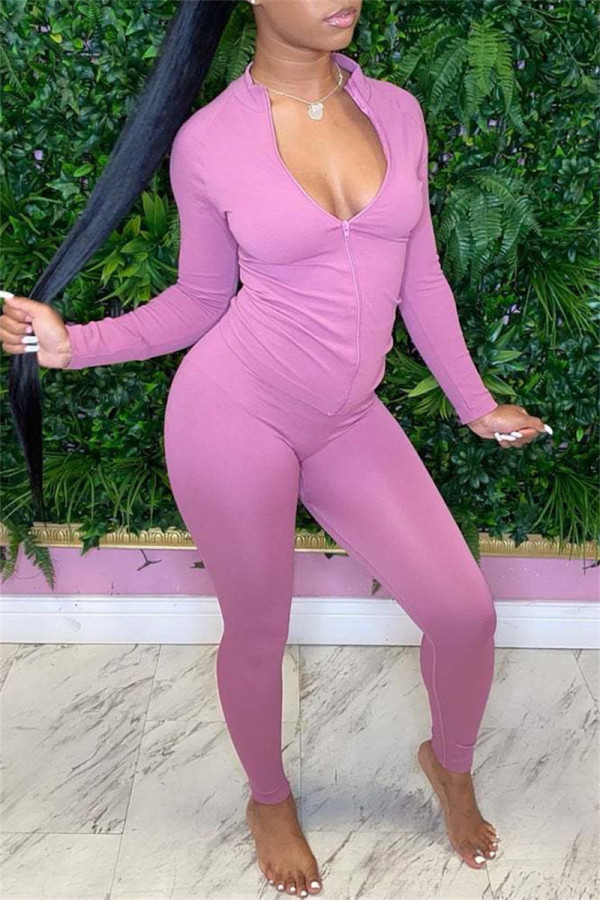 Light Pink Fashion Casual Solid Basic Zipper Collar Long Sleeve Two Pieces