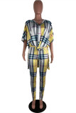 Yellow Fashion Casual Plaid Print Slit Turndown Collar Half Sleeve Two Pieces