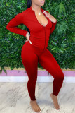 Red Fashion Casual Solid Basic Zipper Collar Long Sleeve Two Pieces