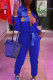 Royal Blue Fashion Casual Print With Belt Turndown Collar Jumpsuits
