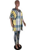 Yellow Fashion Casual Plaid Print Slit Turndown Collar Half Sleeve Two Pieces