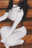 White Fashion Casual Solid Basic Turtleneck Long Sleeve Two Pieces