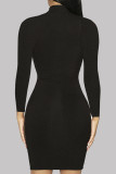 Black Sexy Casual Sweet Solid Hollowed Out O Neck Long Sleeve Dresses
