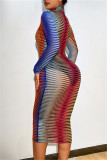 Green Fashion Sexy Striped Print See-through Turtleneck Long Sleeve Dresses