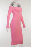 Pink Fashion Casual Solid Backless Off the Shoulder Long Sleeve Dresses