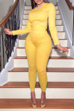 Yellow Sexy Solid Backless O Neck Long Sleeve Two Pieces