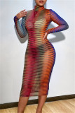 Green Fashion Sexy Striped Print See-through Turtleneck Long Sleeve Dresses