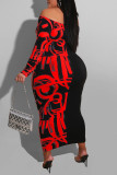 Red Sexy Print Patchwork Off the Shoulder One Step Skirt Dresses