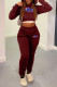 Burgundy Fashion Casual Print Letter Hooded Collar Long Sleeve Two Pieces