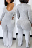 Grey Fashion Casual Solid Basic V Neck Regular Jumpsuits