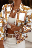 White Brown Fashion Casual Print Cardigan Zipper Collar Outerwear