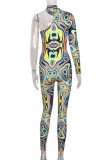 Blue Fashion Sexy Print Hollowed Out Backless O Neck Skinny Jumpsuits