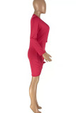 Rose Red Casual Solid Patchwork V Neck One Step Skirt Dresses