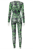 Green Fashion Sexy Print See-through V Neck Skinny Jumpsuits