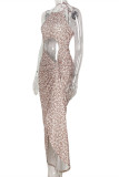 Multicolor Sexy Print Hollowed Out Backless Slit Sleeveless Dress Dresses