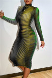 Green Fashion Sexy Striped Print See-through Turtleneck Long Sleeve Dresses
