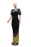 White Fashion Sexy Patchwork Hot Drilling Tassel See-through O Neck Evening Dress
