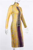 Yellow Fashion Casual Print Basic Turtleneck Long Sleeve Dresses