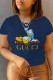 Navy Blue Casual Street Print Patchwork Letter O Neck T-Shirts
