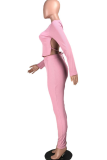 Pink Sexy Solid Backless O Neck Long Sleeve Two Pieces