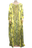 Yellow Fashion Casual Print Hot Drill O Neck Long Sleeve Plus Size Dresses