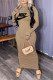 Khaki Fashion Sportswear Print Patchwork O Neck One Step Skirt Dresses