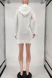 White Casual Print Split Joint Hooded Collar Long Sleeve Dresses