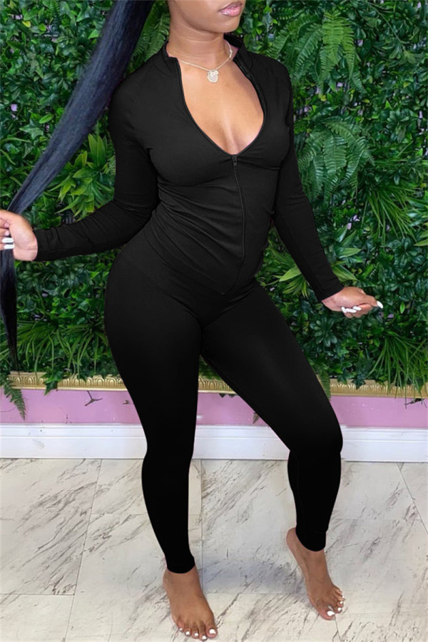 Black Fashion Casual Solid Basic Zipper Collar Long Sleeve Two Pieces