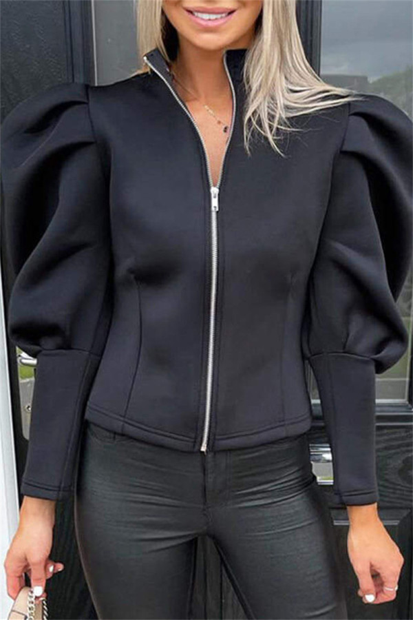 Black Fashion Casual Solid Patchwork Zipper Collar Outerwear