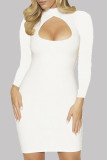 White Sexy Casual Sweet Solid Hollowed Out O Neck Long Sleeve Dresses