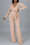 Apricot Pink Casual Solid Split Joint Asymmetrical V Neck Long Sleeve Two Pieces